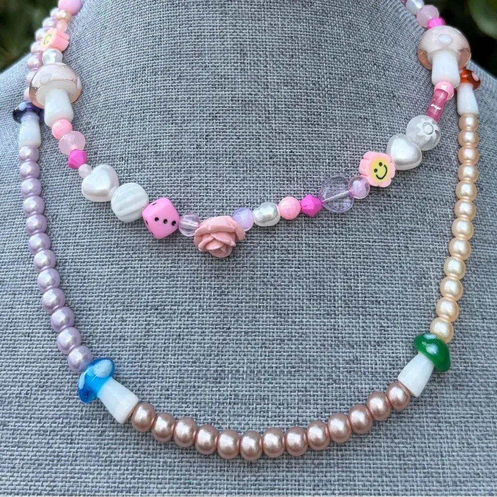 Two (2) Urban Outfitters OU Layering Pink Mushroom Flower Heart Necklaces NWT